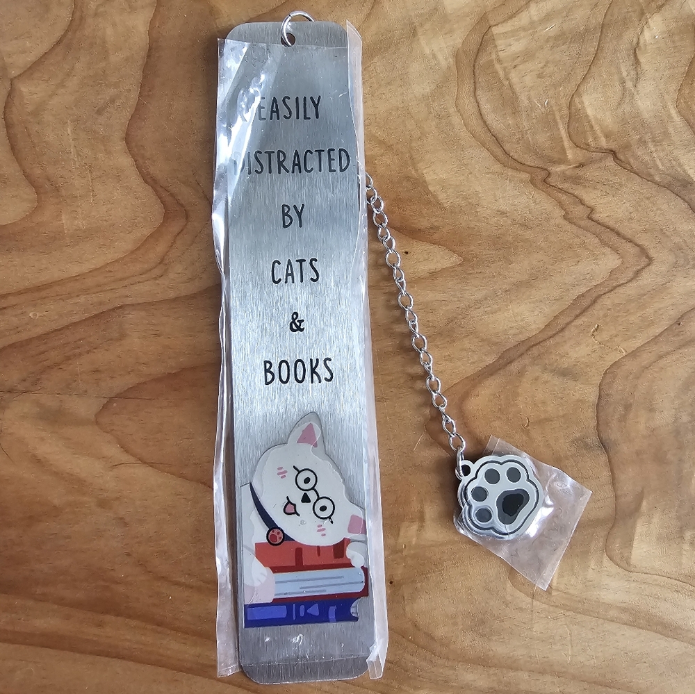 Cat-Themed Silver Bookmark with Paw Charm